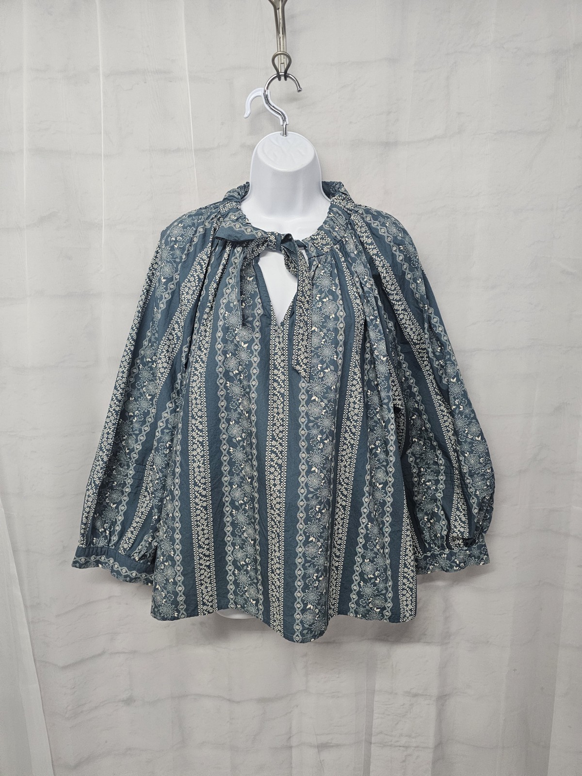A.N.A. Blouse Blue White Floral Peasant Festival Cottage Boho 2XL