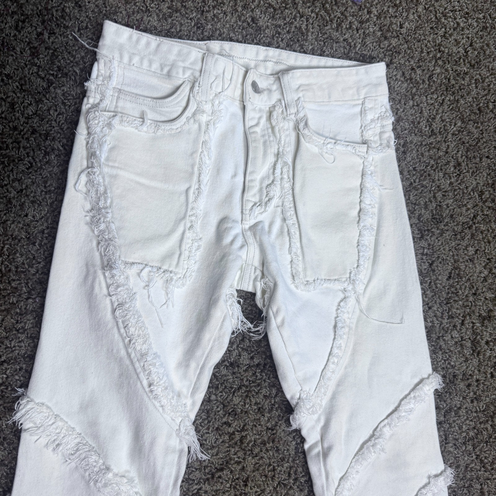 Men’s First Row Cream Jeans Utility Denim Frayed Cut & Sewn 30×35 dwntwn LA