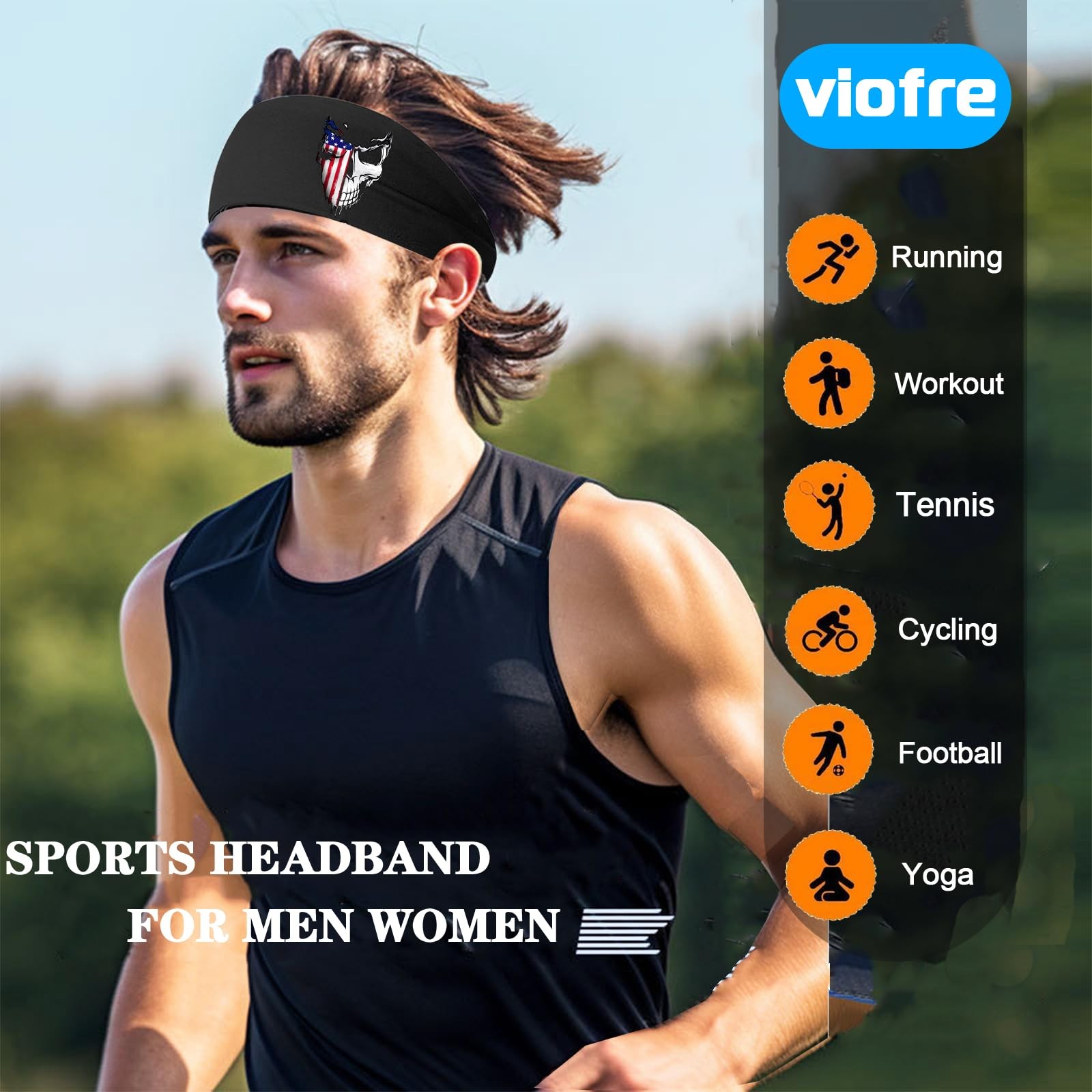 Sports Headbands for Men 3pcs Sweat Bands Sweatband 9.1″, Skeleton Flag