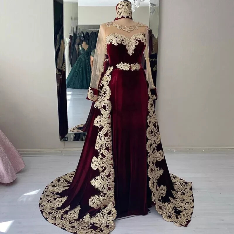 Burgundy Kaftan Evening Dresses Appliques Detachable Algerian Wedding Party