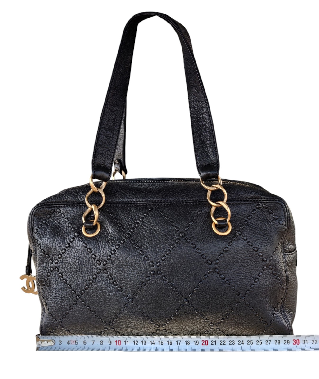 Vintage Chanel Black Leather Bowling Bag Surpique Gold CC Zip Authentic Shoulder