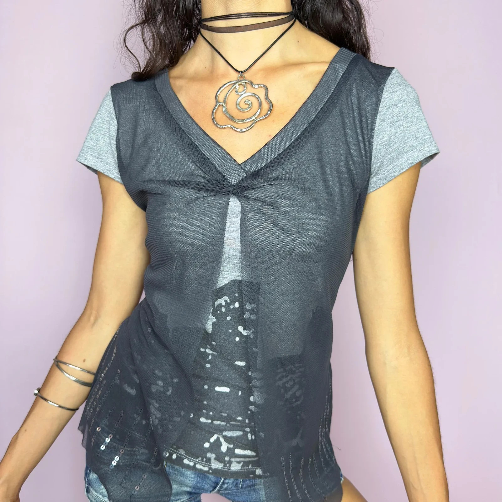 Vintage Gray Mesh Top Print Cityscape Skyline Sheer Grunge Y2K 2000s Size M