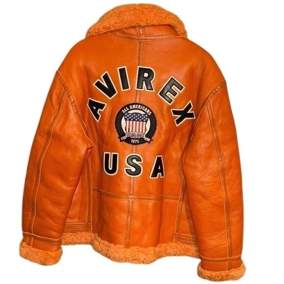 Avirex Mens Orange Leather Shearling B-3 Bomber Flight Jacket Size S to 2Xl
