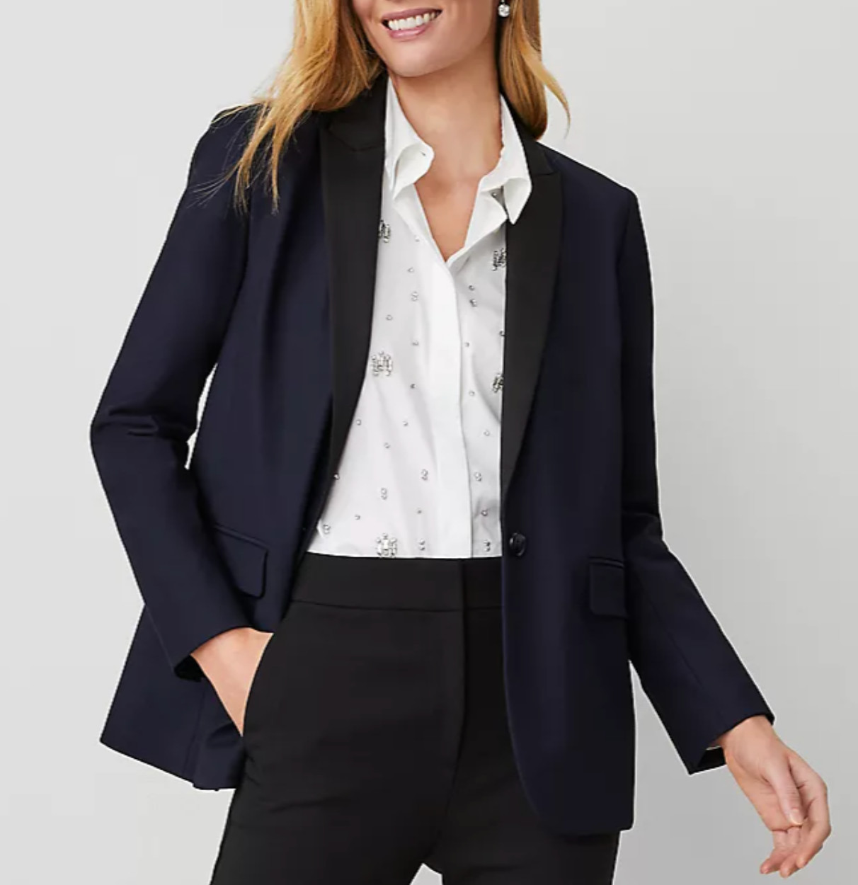 ANN TAYLOR NIGHT SKY LONGLINE TUXEDO BI-STRETCH TWILL BLAZER JACKET 2P 2 PETITE