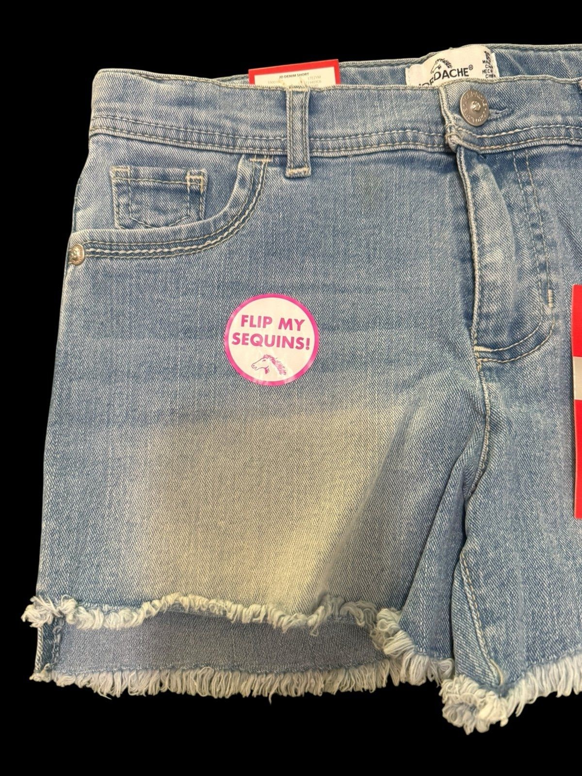 NWT Jordache Flip Sequin “Hi/Bye” Girls Sequin Denim Shorts Lightwash Waist 16
