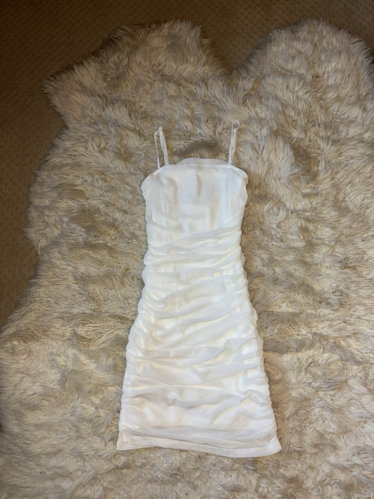 SHEIN Size S White Solid Ruched Satin Bodycon Mini Dress Square Neck