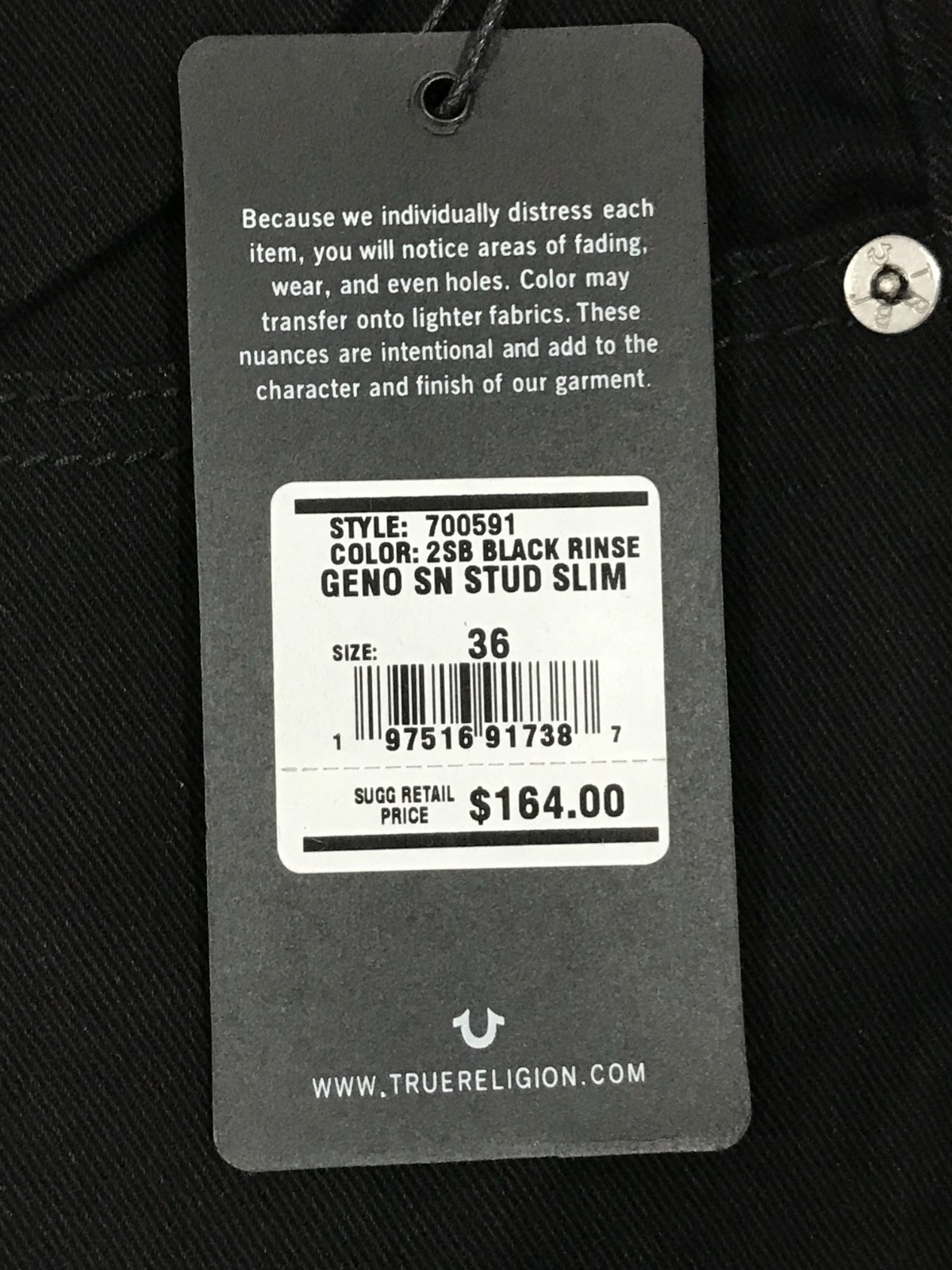 True Religion Geno Single Needle Stud Slim Jeans Men’s Size 36xL32 Black $164