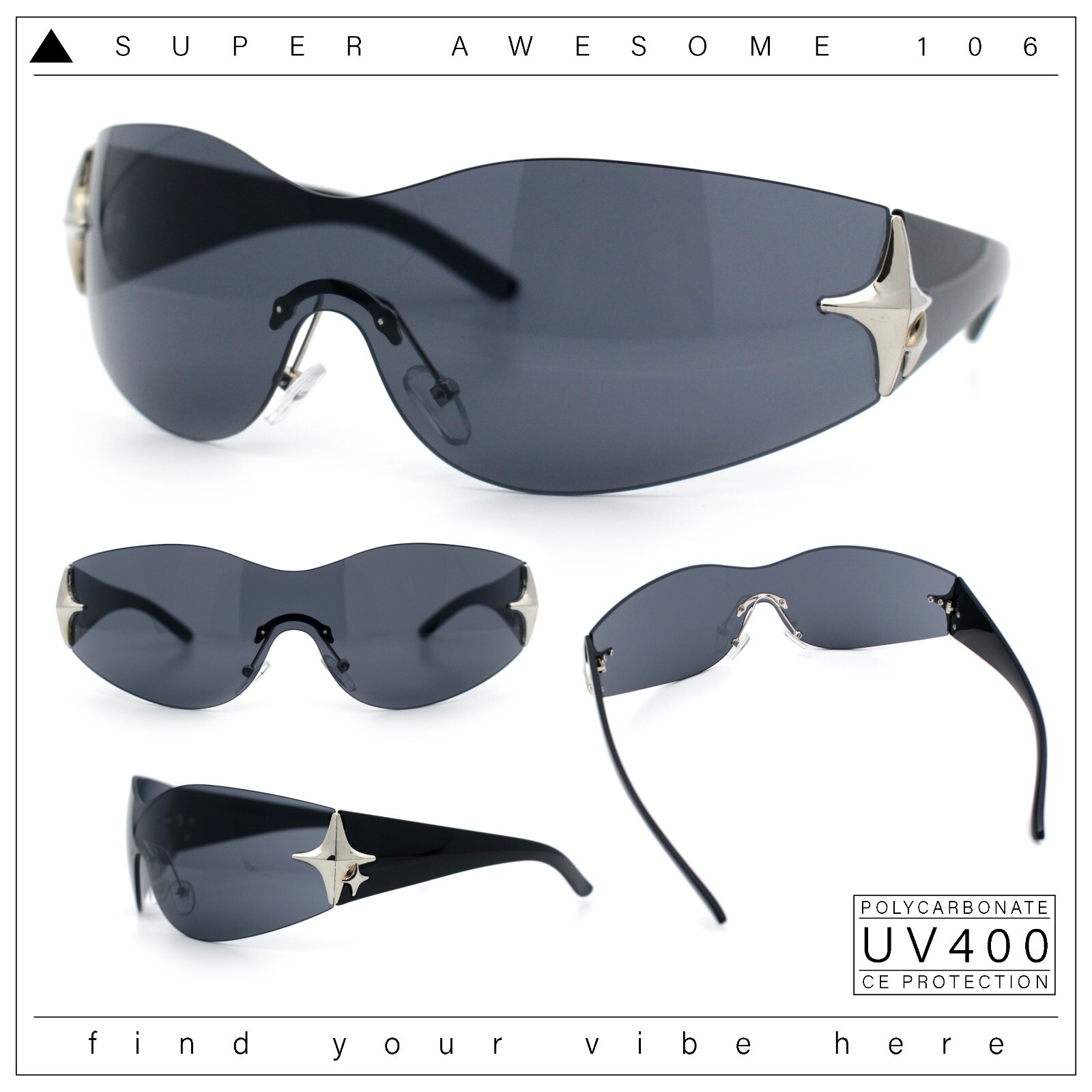 Rimless Wrap Around Bling Sparkling Star Hinge Thick Temple Sunglasses