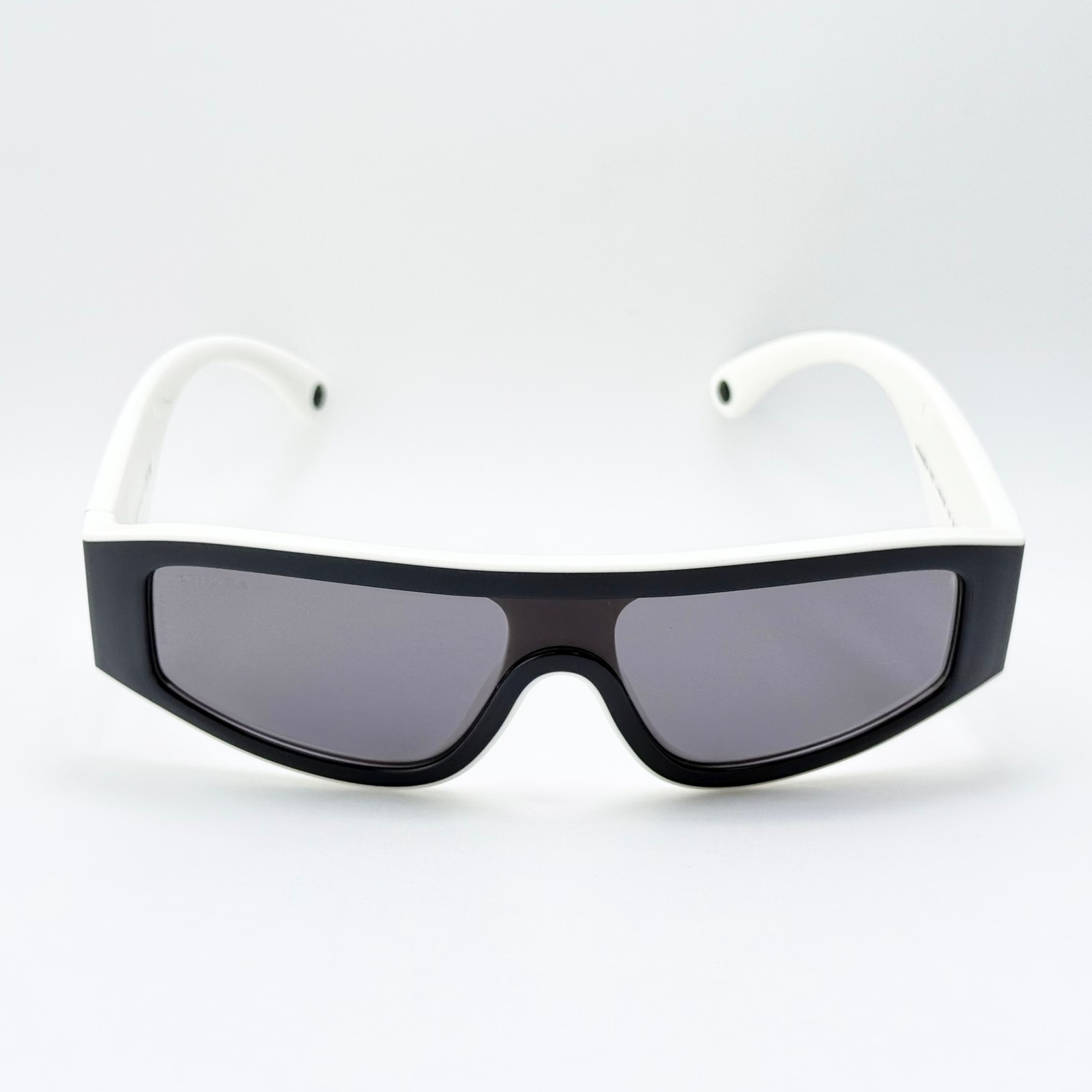 Chanel CH6057 Shield Sunglasses Black White Frame Gradient Gray Lens Italy