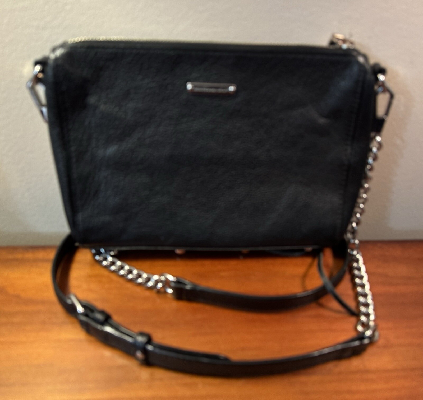 Rebecca Minkoff Black Pebbled Leather Triple Zipper Chain Strap Crossbody Bag