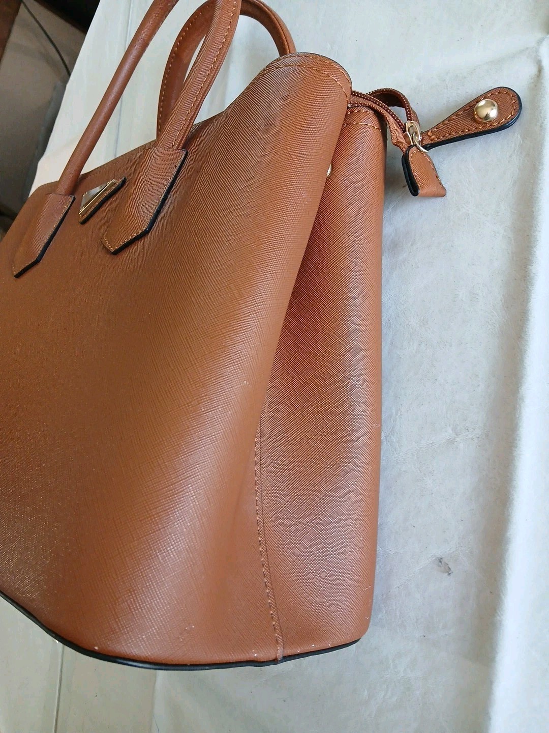 saffiano satchel gold tone hardware adjustable strap double handles brown