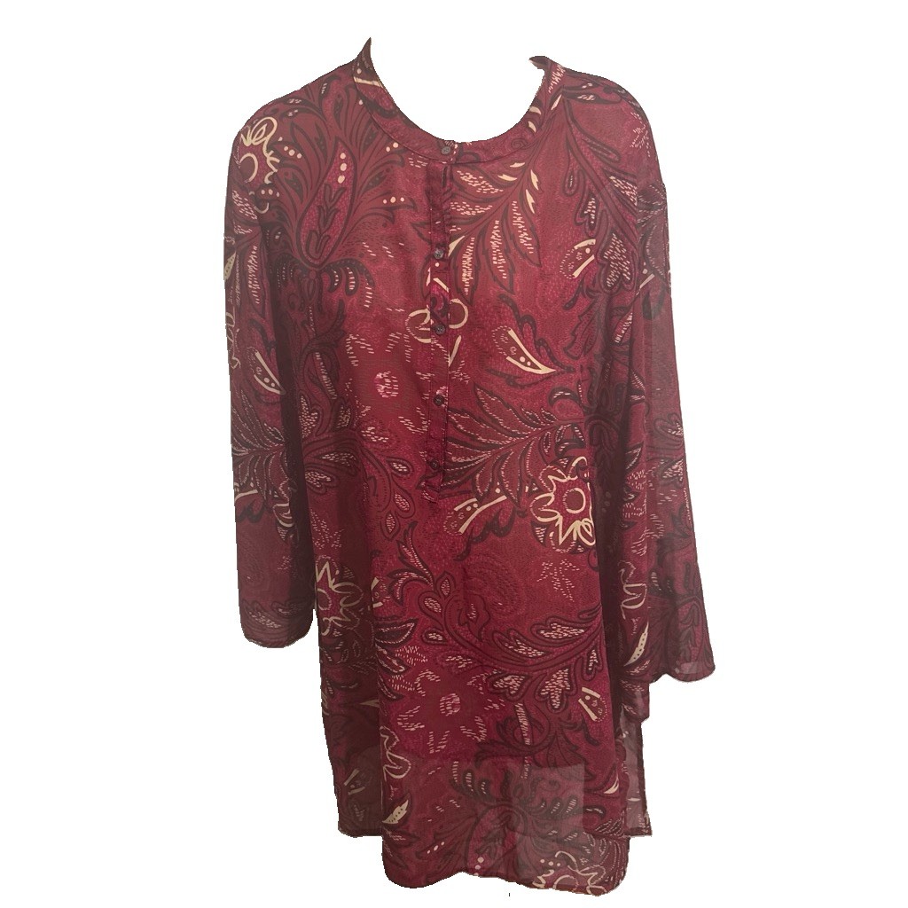 New New York And Company Sheer Burgandy Paisley Tunic Top