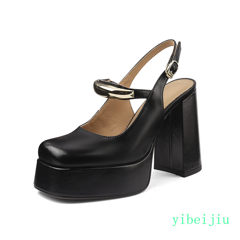 Women’s Real Leather High Heel Sandals Slingbacks Square Toe Office Shoes Lady