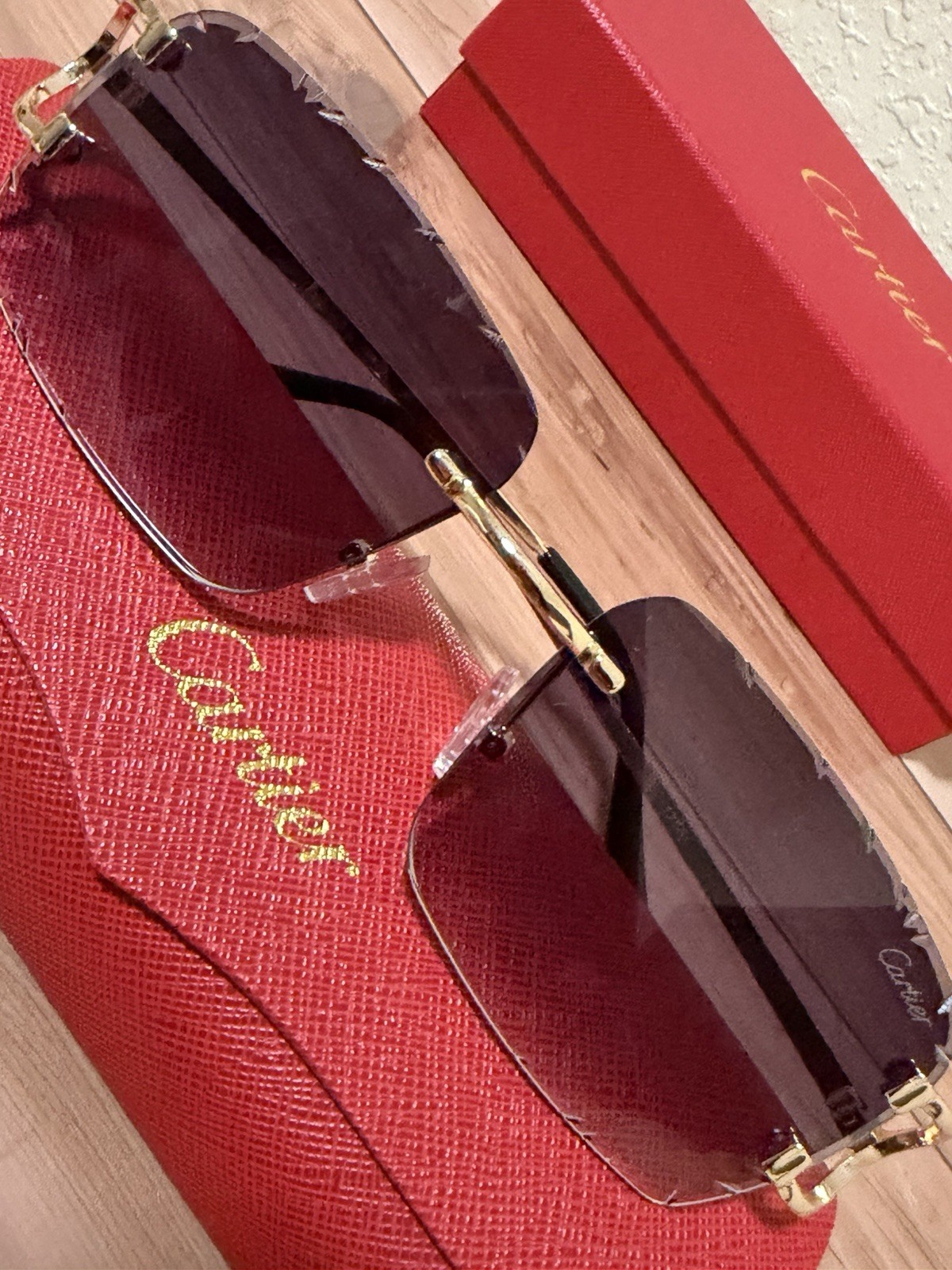 Cartier Big C Diamond Cut Frameless BLACK Lens Gold Frame