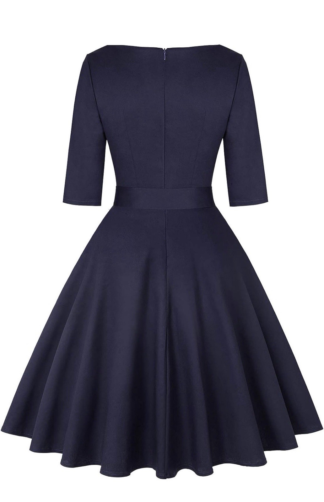 Rockabilly Navy Solid Scoop Neck A-Line Midi Dress XL 3/4 Sleeve Belted Bow Zip