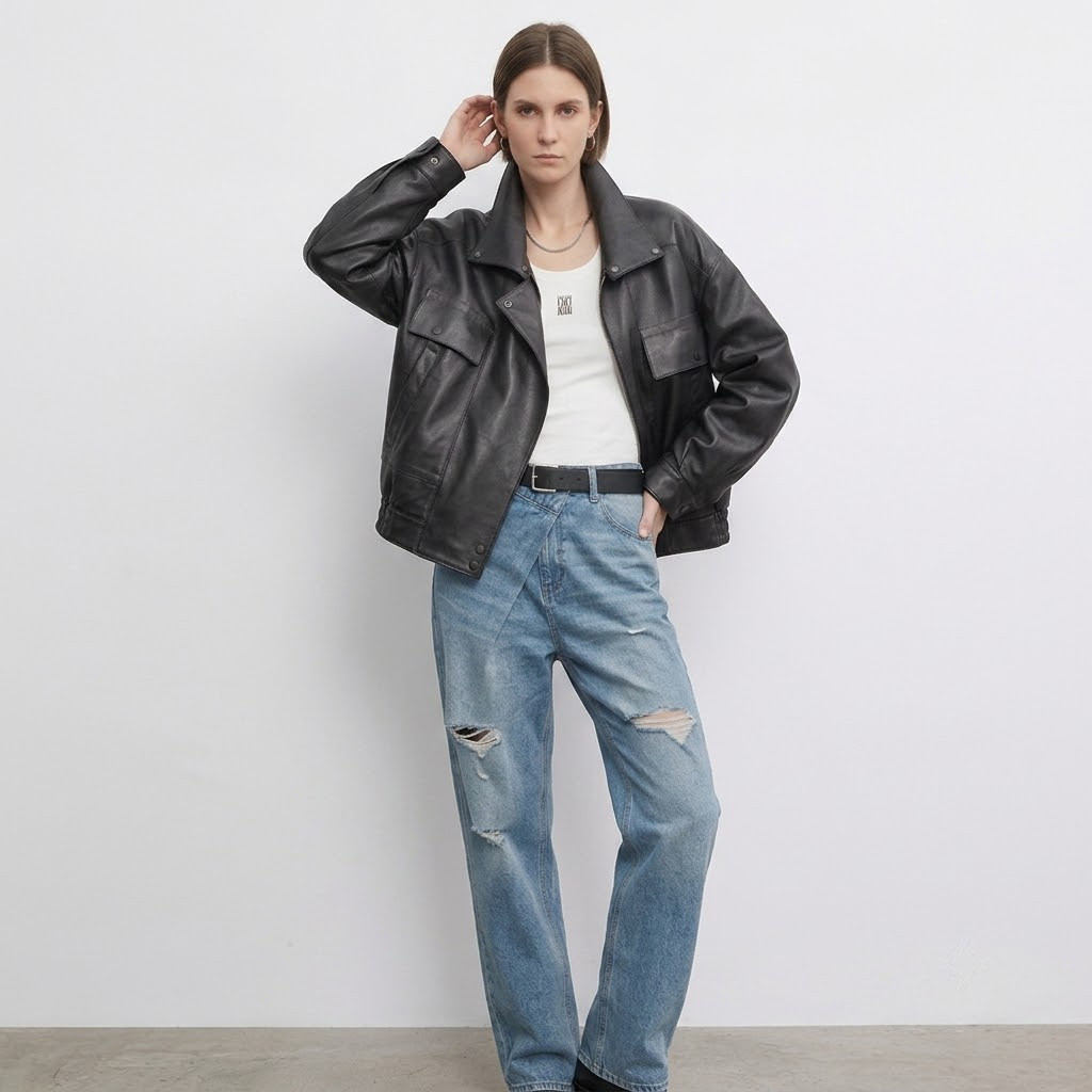 Women’s Black Leather Bomber Jacket Oversized Utility Style Real or Faux Leather