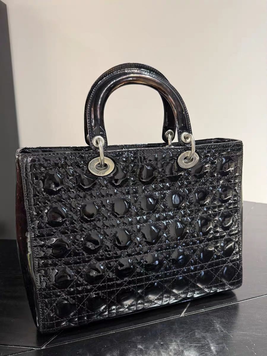 Authentic Christian Dior Black Patent Leather Lady Dior Bag