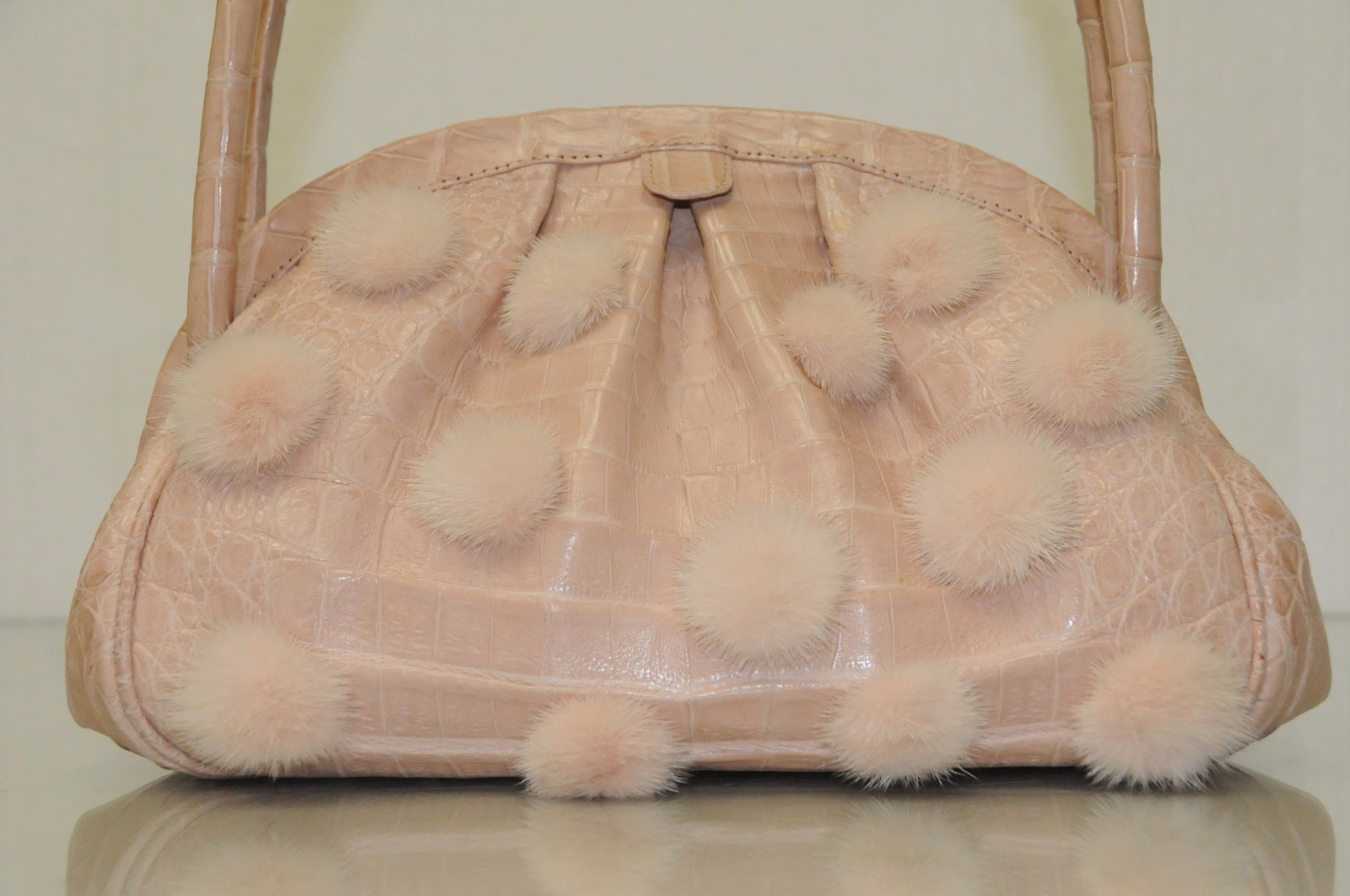 $3600 NEW Nancy Gonzalez Pale Pink CROCODILE Mink Pom Pom BAG Clutch