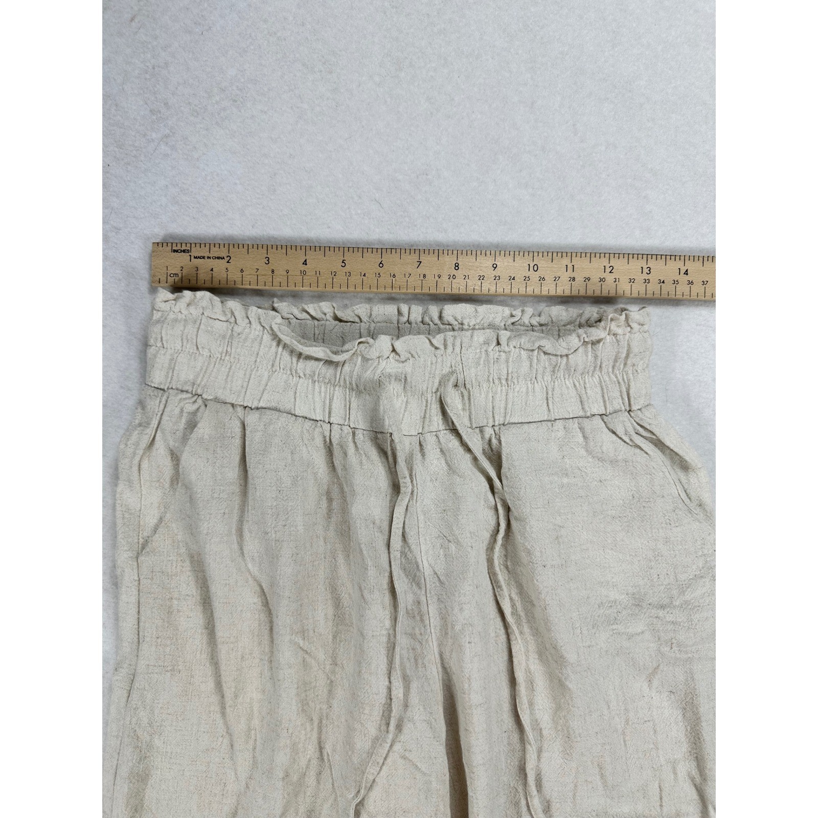 Anrabess Linen Blend Wide Leg Pants Beige Paperbag Waist Drawstring Small