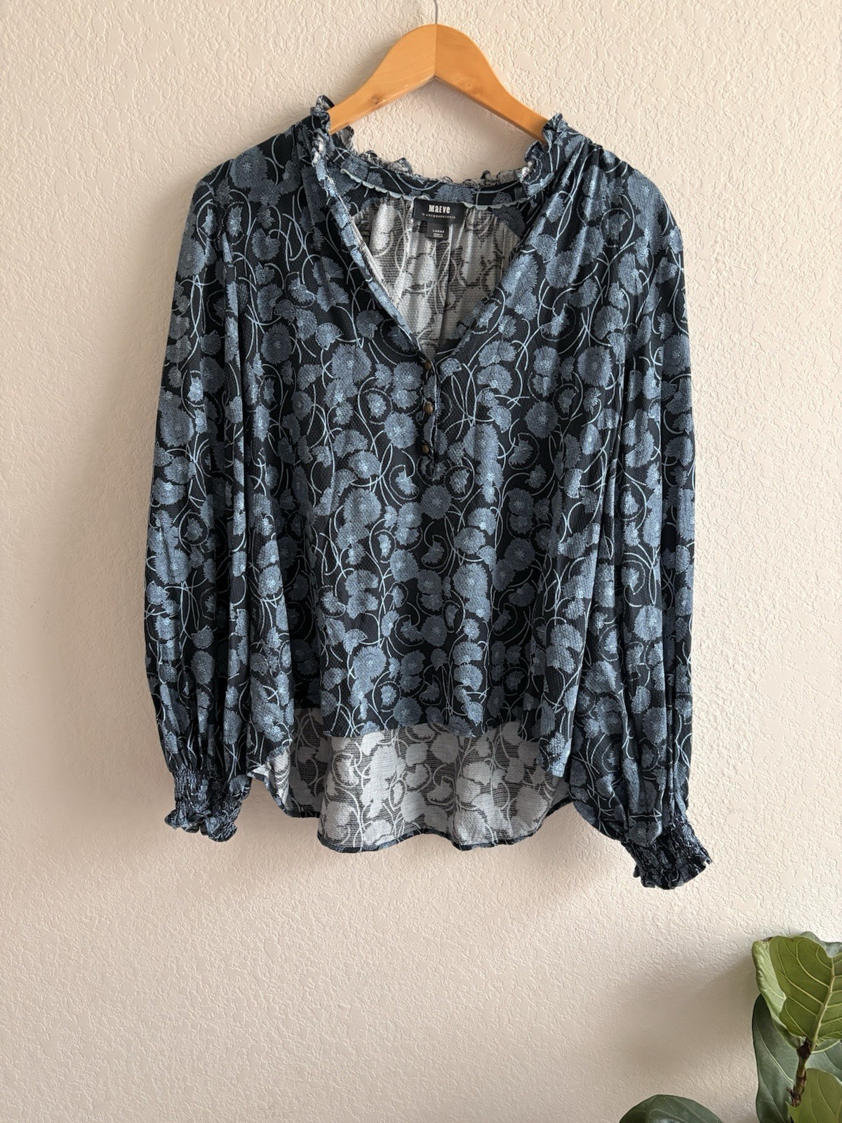 Maeve Anthropologie Womens Colette Peasant Blouse Navy/Light Blue Floral Size L