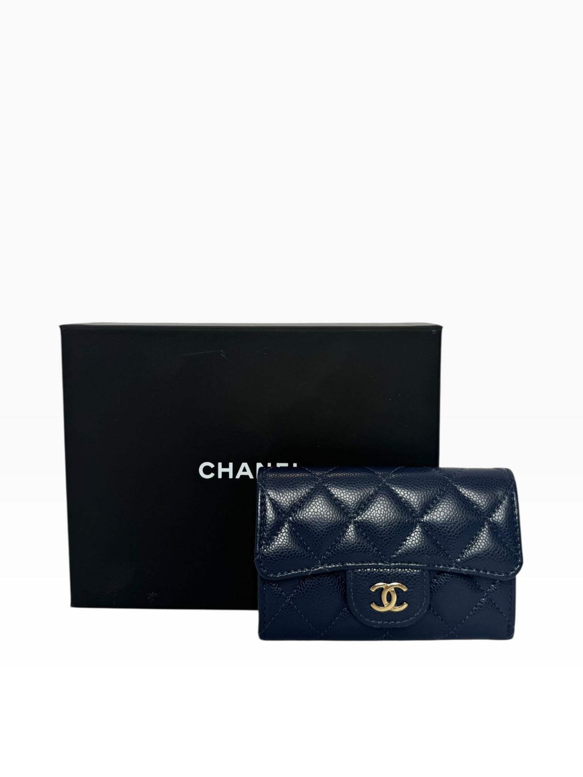 Chanel Navy Caviar Classic Card Case Gold Hardware