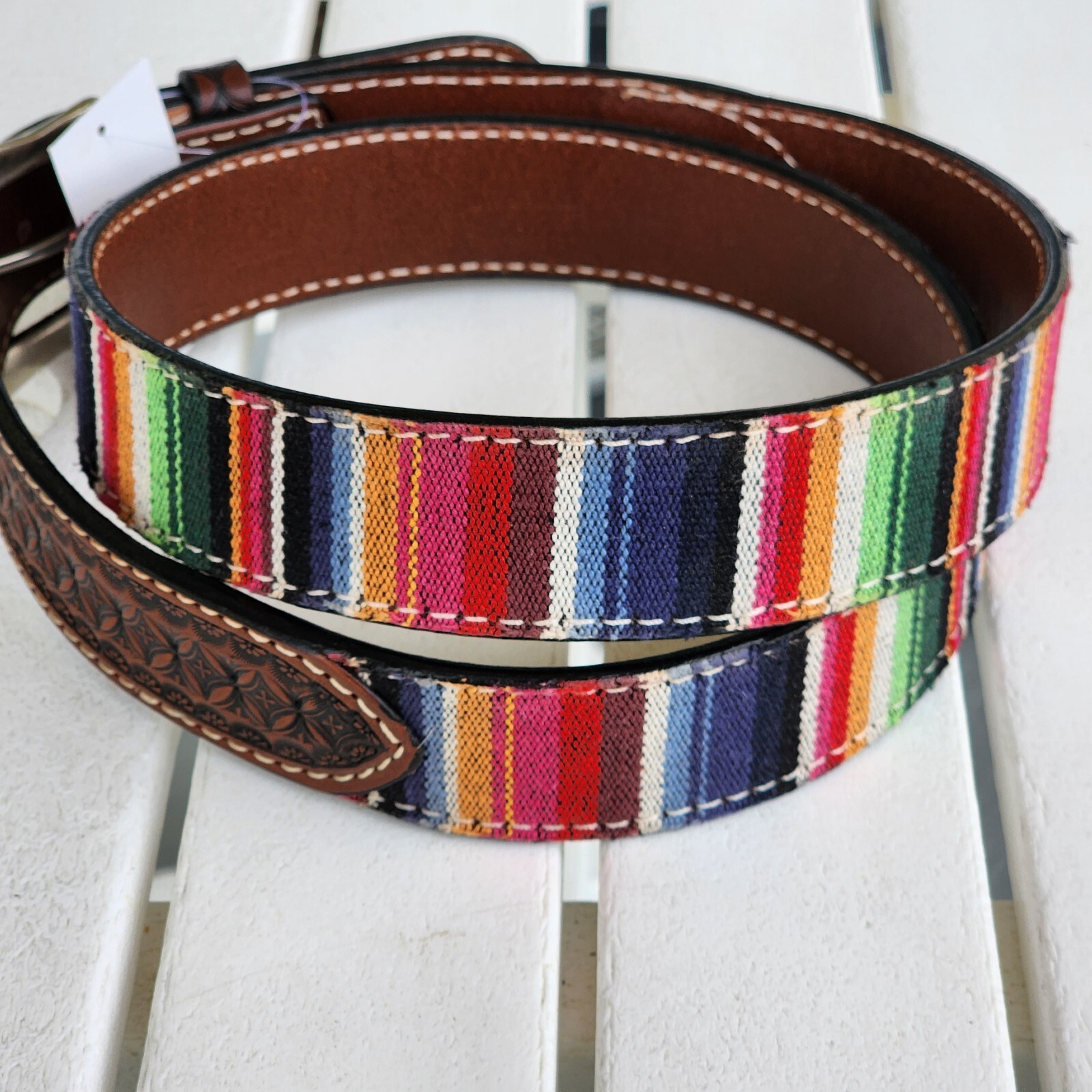 Twisted X Western Serape Stripe Brown Leather Geometric Tooled Billet Size 44