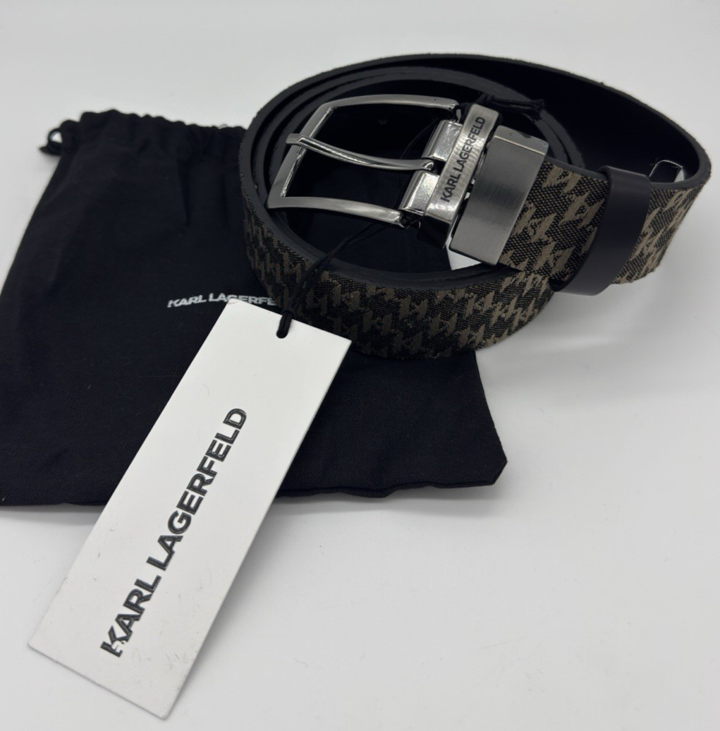 Karl Lagerfeld Men’s Reversible Monogram & Black Gunmetal Belt Size 42 NWT