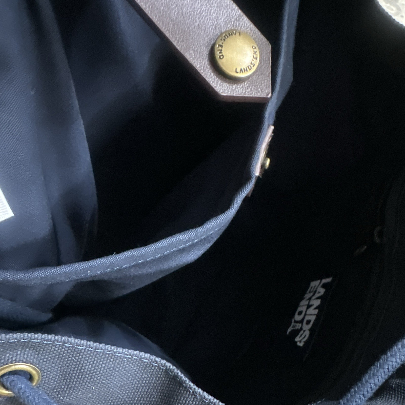 Lands’ End Canvas Backpack Blue Brown Drawstring Flap School Travel Bag