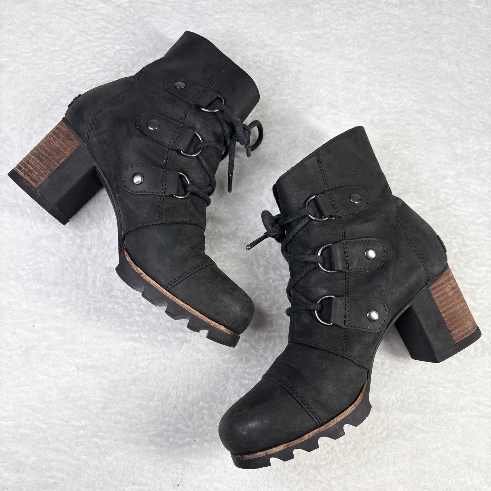 Sorel Addington Lace Black Leather Ankle Boots NL2360-010 Womens 8 Waterproof