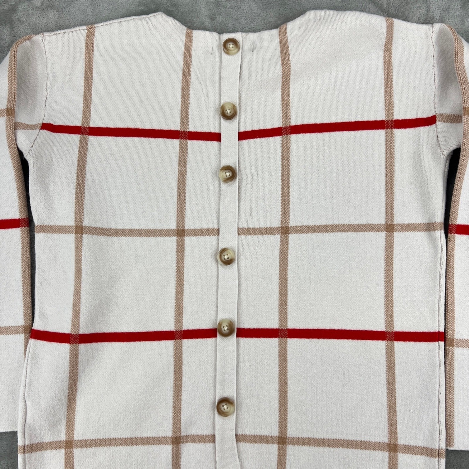 Tahari Women White Windowpane Plaid Button Back Knit Sweater Red Tan Small