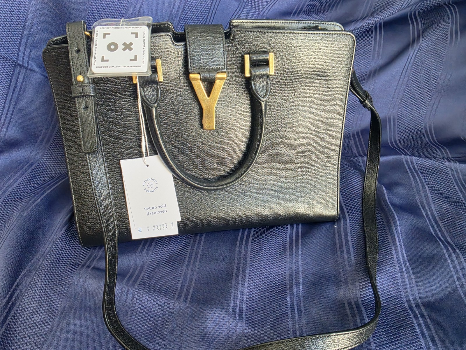 Saint Laurent Cabas Y Black Satchel Top Handle Detachable Strap Gold HW