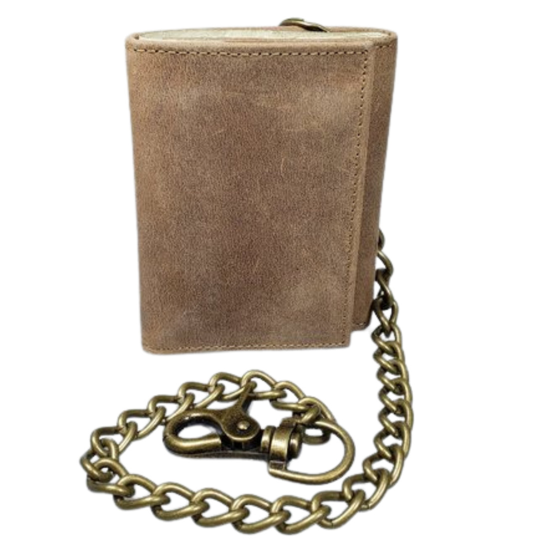 Mens Genuine Leather Motorcycle Trifold Biker Brown Wallet Brass Chain