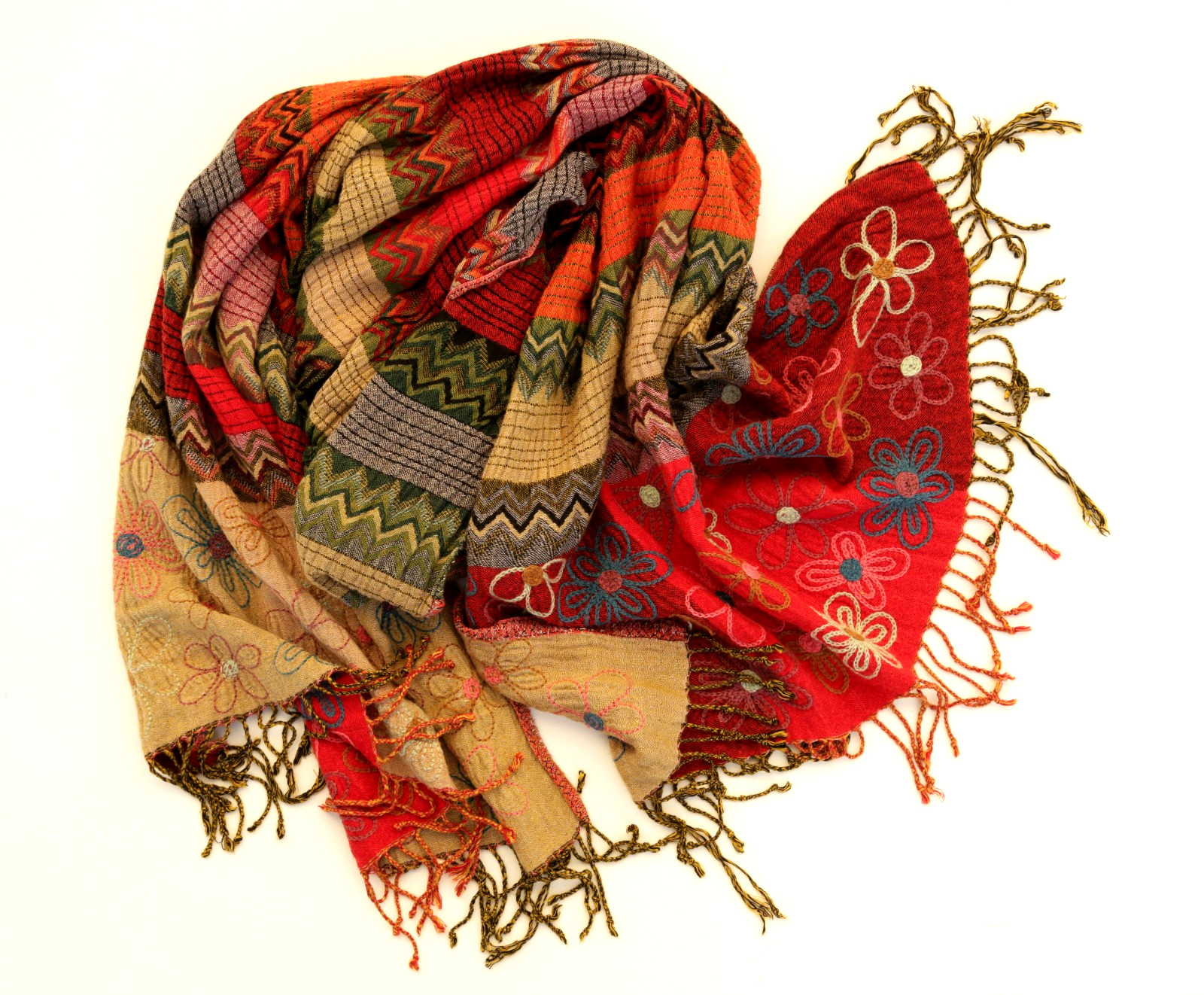 Y2K DIMRI Floral Striped Summer Scarf Wrap Soft Rayon Rectangle Red Multicolor