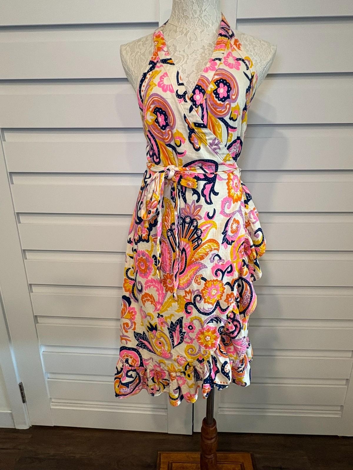 JB By Julie Brown Kaylah Paisley Linen Blend Halter Wrap Rush Midi Dress L