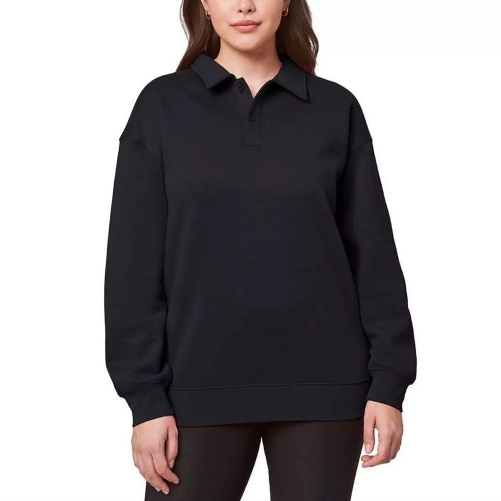 Mondetta Black Ribbed Velvety Fleece Pullover Sweatshirt Collared V-Neck Cozy XL