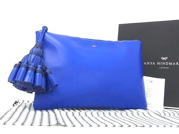 Anya Hindmarch Clutch Bag Blue Leather Tassel W28.5cm x H19cm Handbag Zip