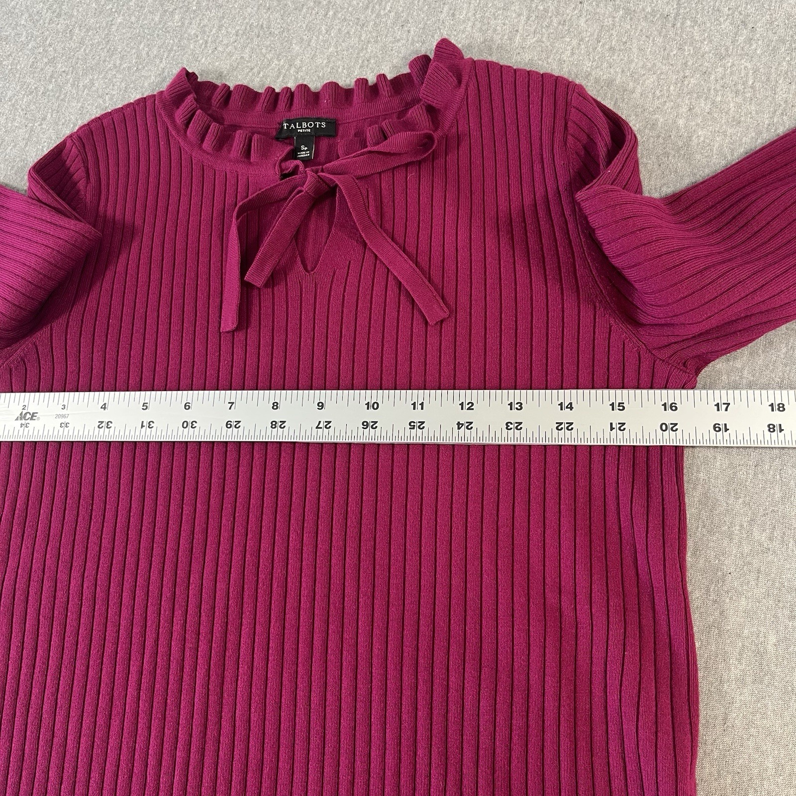 Talbots Fushia 3/4 Sleeve Ribbed Knit Top Ruffled Tie Neck Women’s SP