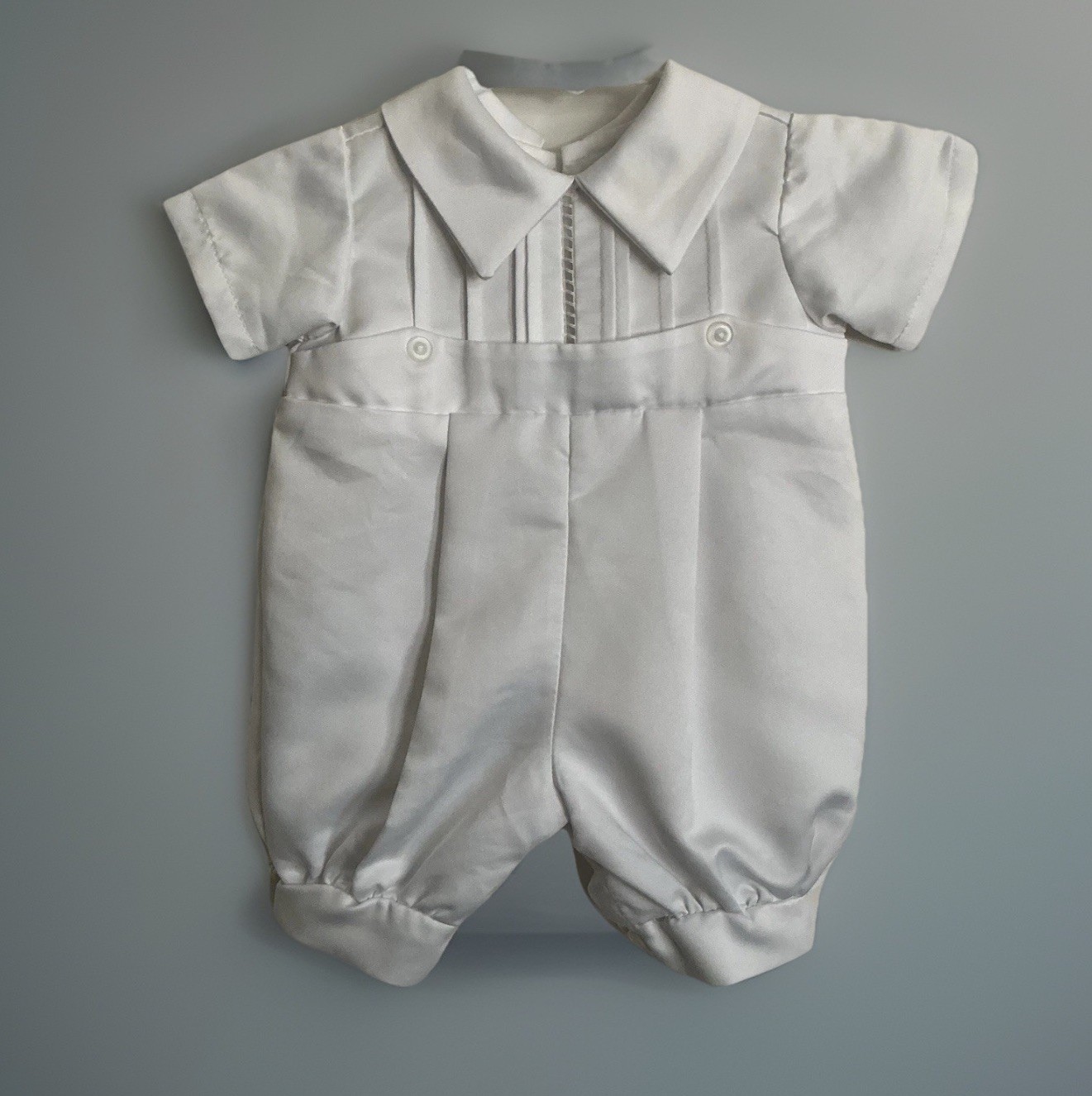 TIP TOP-3M-Baby Boy Bubble Romper/Tuxedo Suit-White Satin Polyester-Pin Tucks