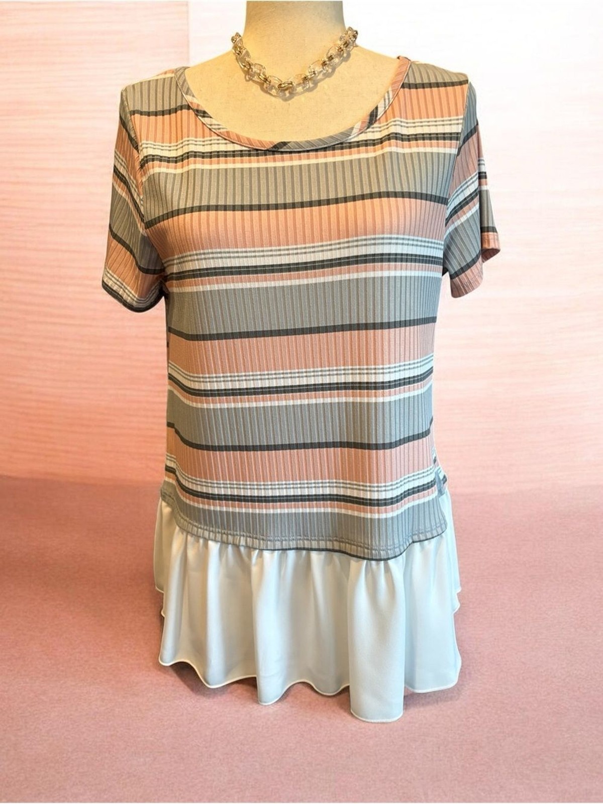 Pink & Gray Striped Ruffle-Hem Top Made in USA 🇺🇸