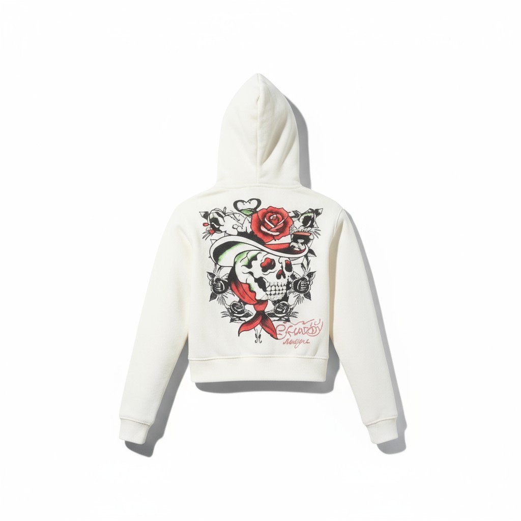 Ed Hardy Cropped Hoodie Zip Up | Baby Blue Tattoo Bird & Rose or Ivory Horses
