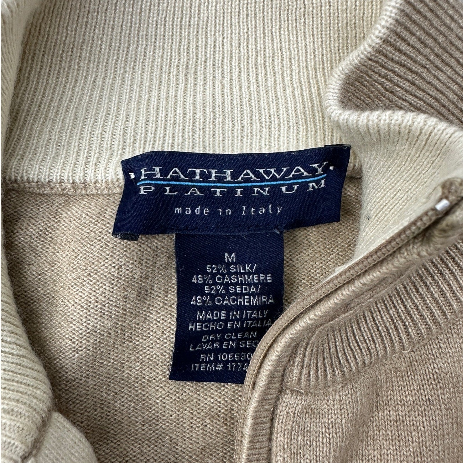 Hathaway Platinum 1/4 Zip Tan Luxury Silk Cashmere Sweater / Mens Medium