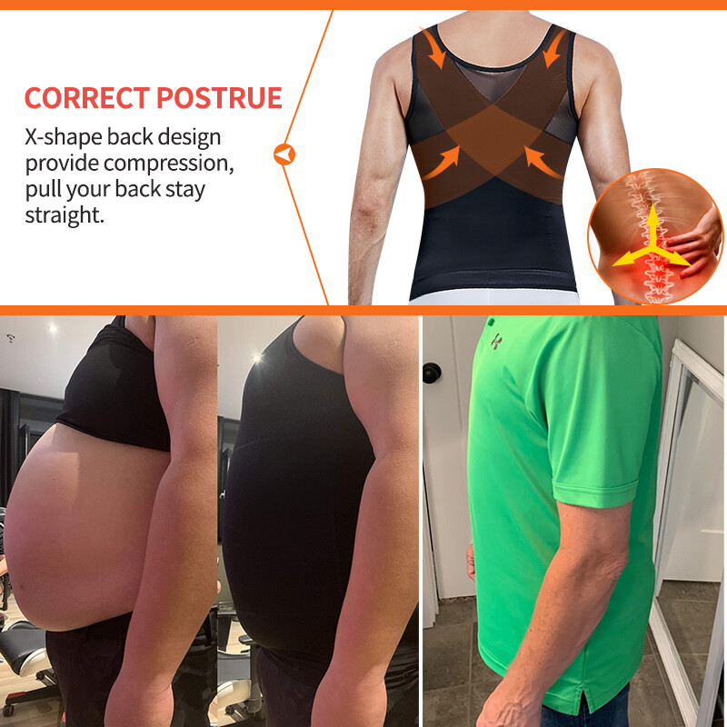 Men Compression Vest Top Body Shaper with Zipper Slimming Shirts Correct Posture