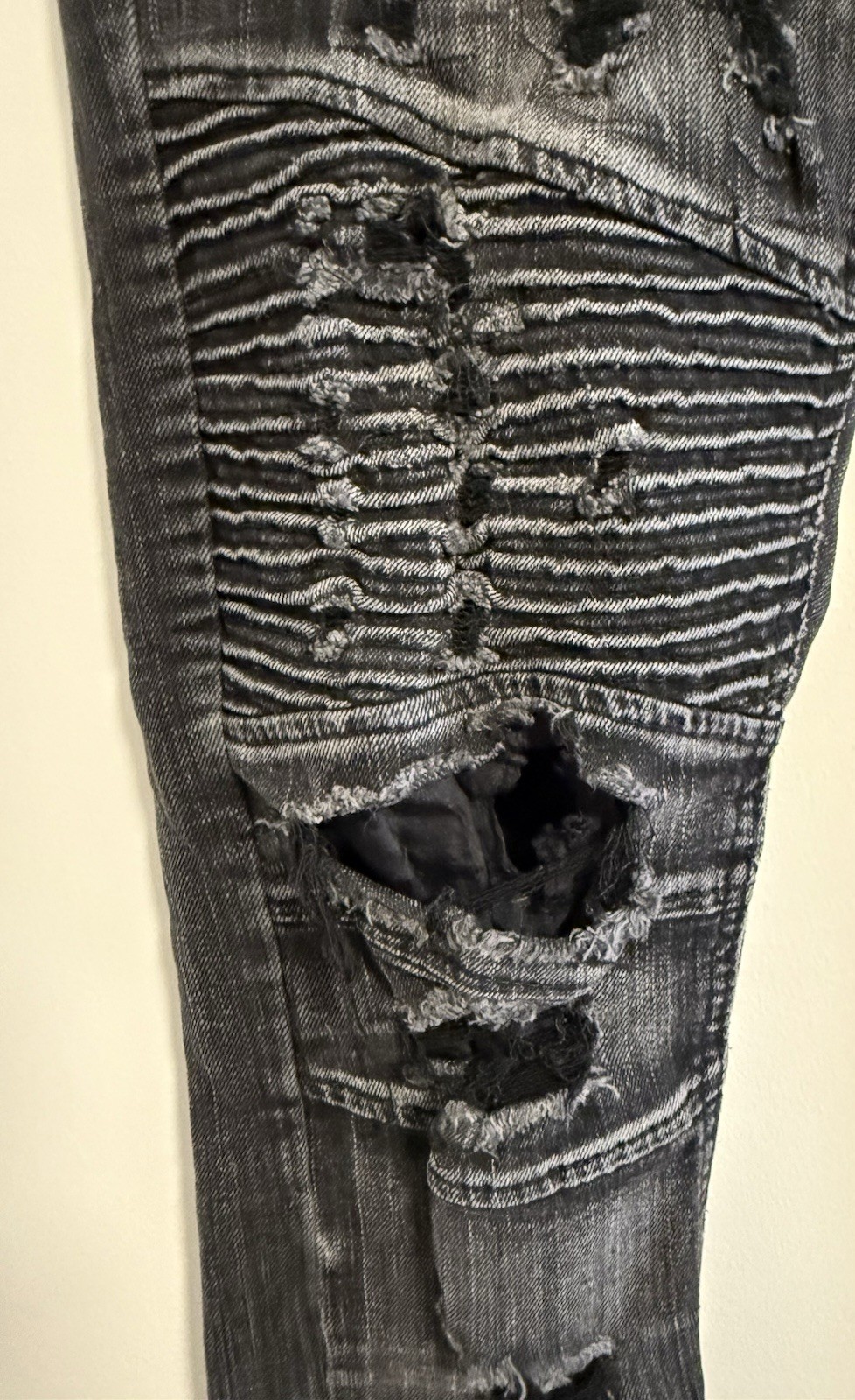 Waimea Mens Skinny Fit Moto Biker Jeans 32×32 Black Distressed Ripped Streetwear
