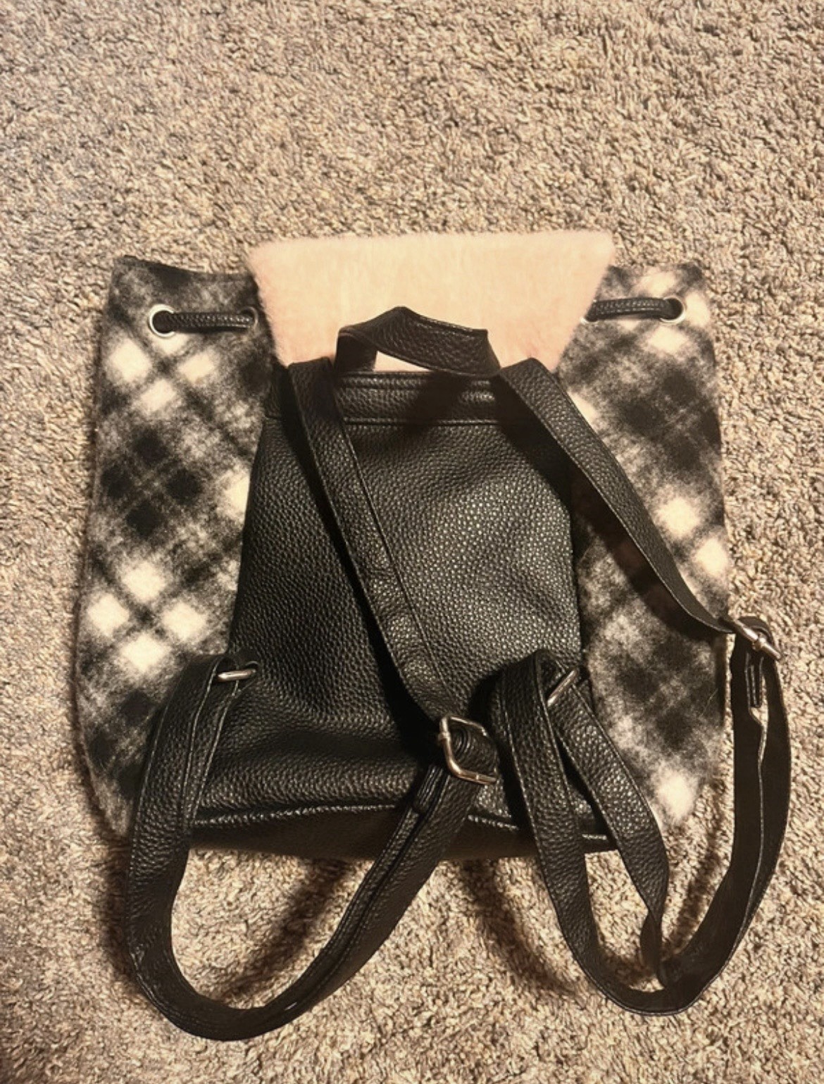 Claire’s Black & White Plaid Small Drawstring Backpack w/ Faux Fur Flap, Pockets