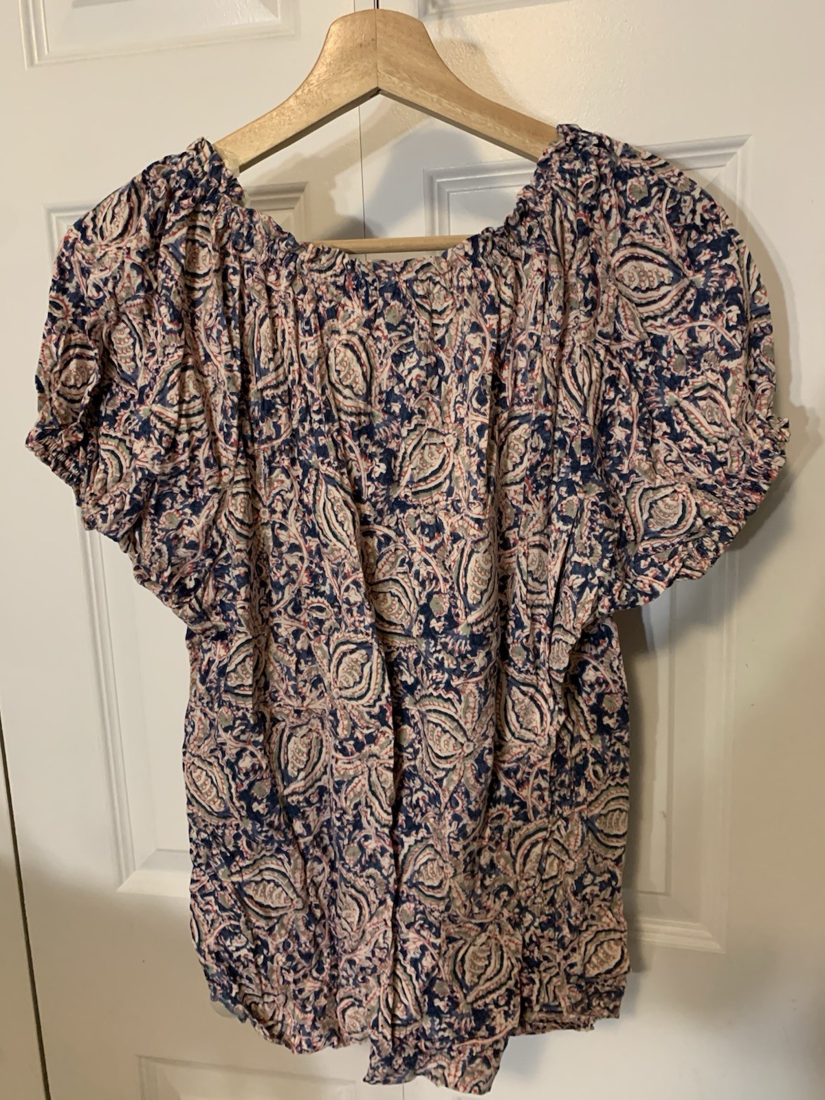 Chaps Womens XL Floral Print Round Neck Cap Sleeve Blouse Top Pink Blue Paisley