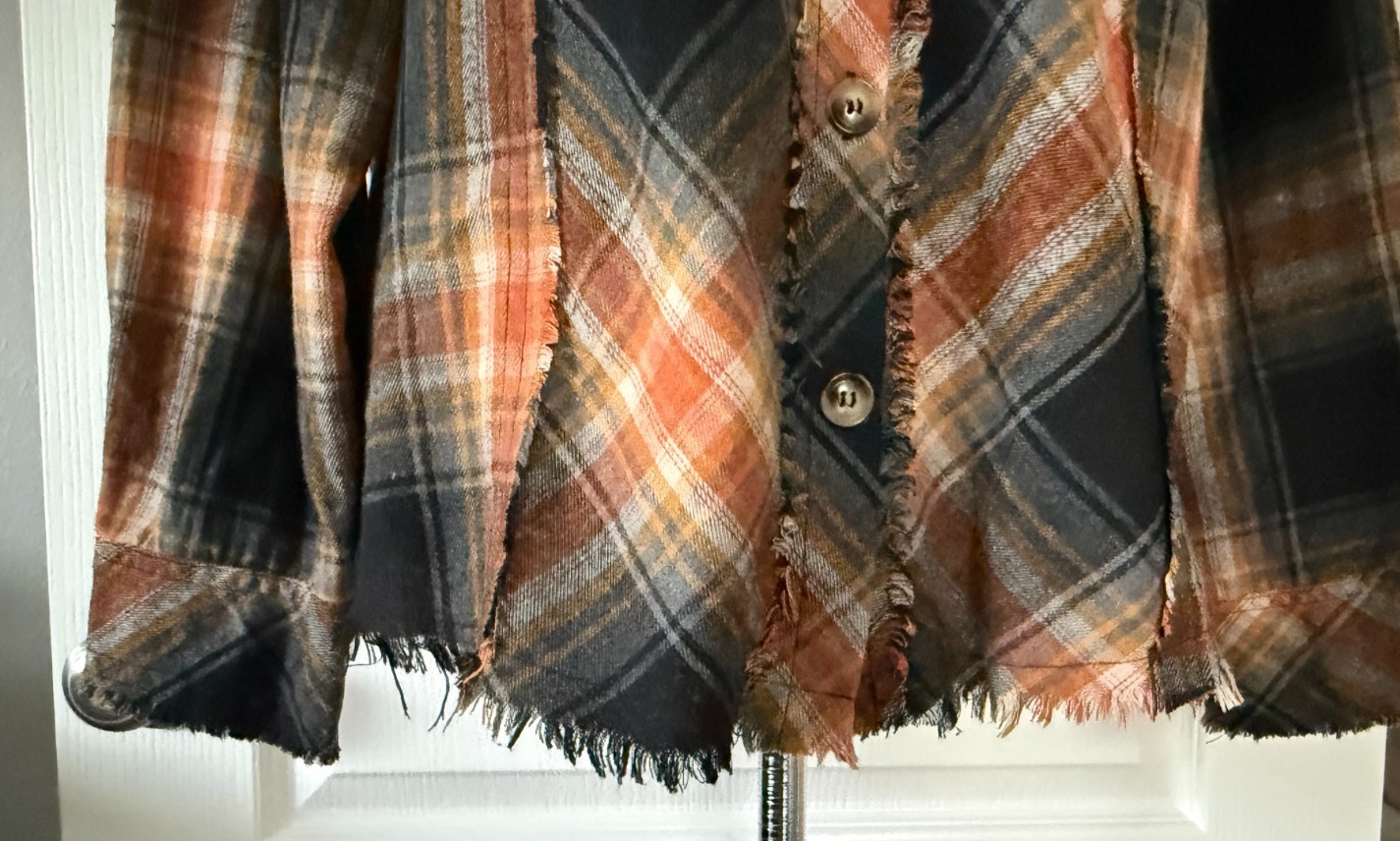Umgee Button Up Long Sleeve Flannel Brown Plaid Distressed Fringe Boho XL