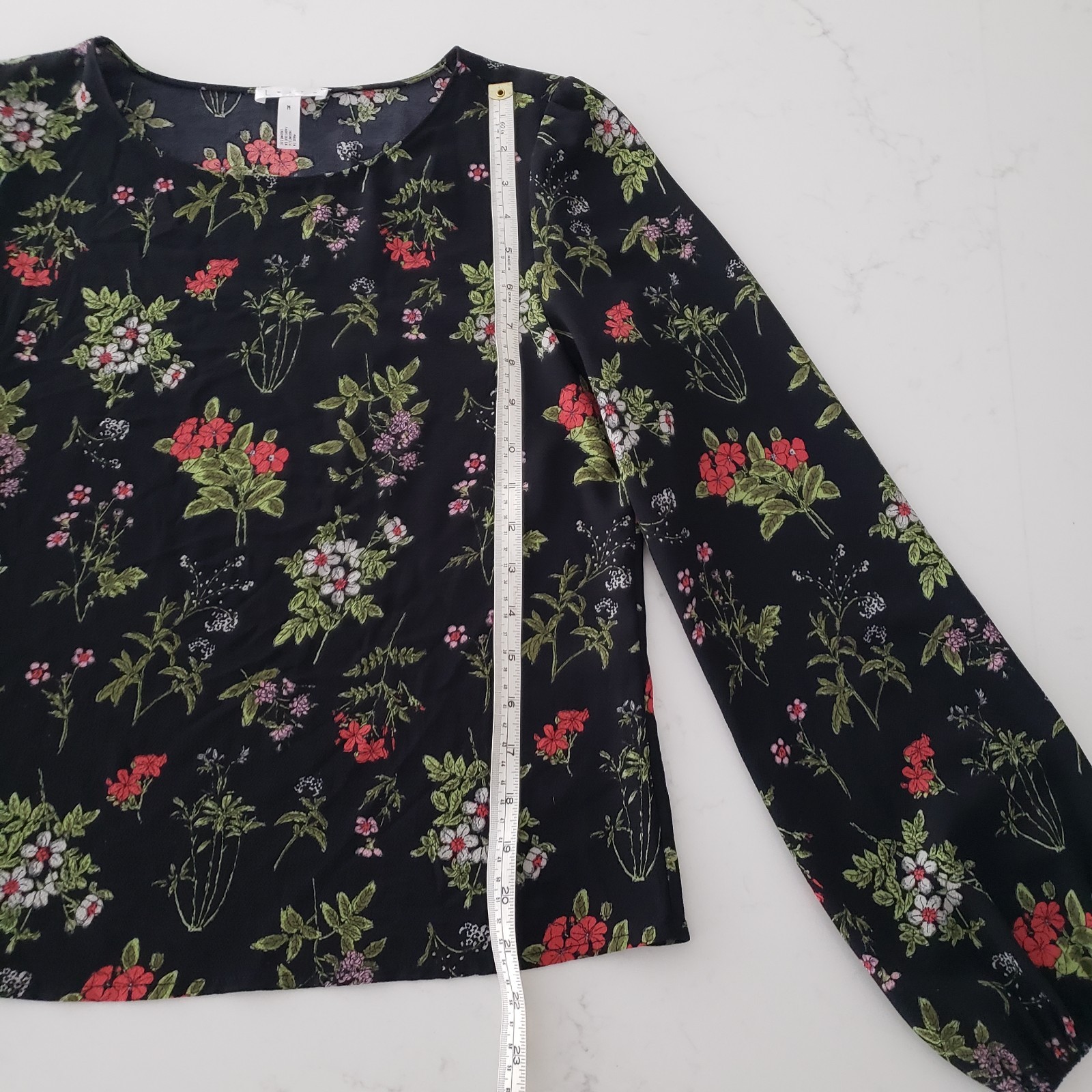 Nordstrom Leith Womens Size Medium Black Floral Blouse Top Long Sleeve Red Green