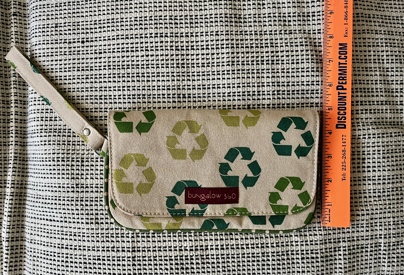 Bungalow 360 Wristlet Clutch, Hand Strap, Canvas, Recycle Logo Print, Peace Pull