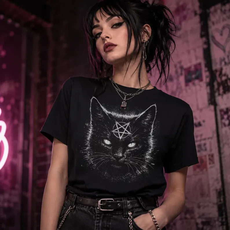 Black Cat Pentagram Shirt, Gothic Cat T-Shirt, Occult Witchy Graphic Tee,