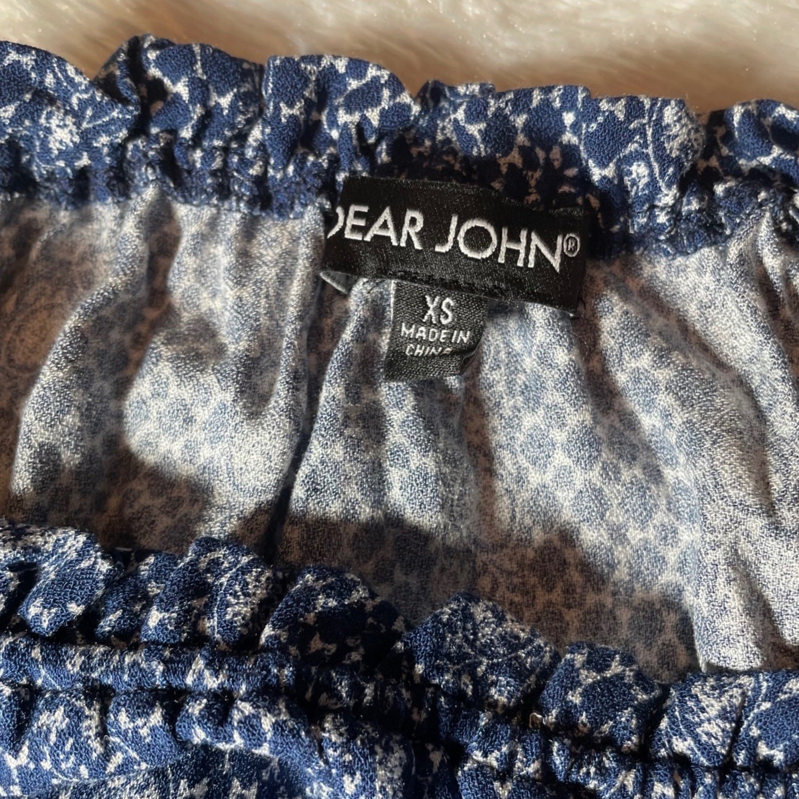 Dear John Blue White Medallion Print Boho Ruffle Peplum Blouse Top XS Peasant